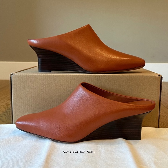 Vince Leather Benita Square Toe Slip On Clog Wedge Heel Pumps (Rust Amber) - Picture 10 of 16